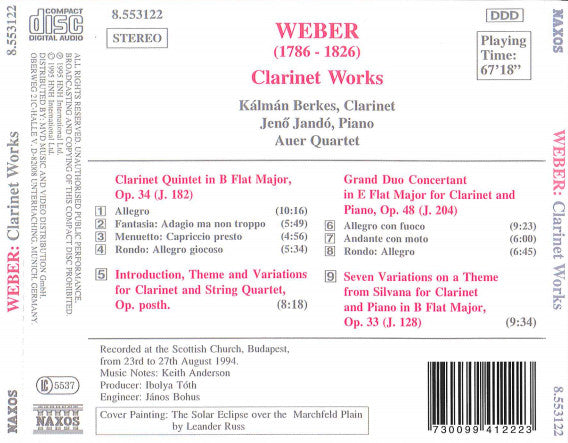 Carl Maria von Weber, Kálmán Berkes, Jenö Jandó, Auer Quartet : Clarinet Quintet, Op. 34 / Grand Duo Concertant, Op. 48 • Variations, Op. 33 / Introduction, Theme And Variations (CD, Album)