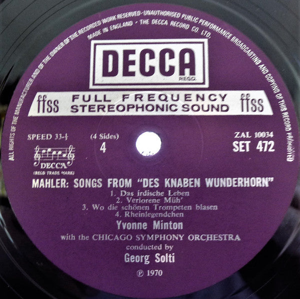 Mahler* - Chicago Symphony Orchestra, Georg Solti • Yvonne Minton : Symphony No. 5 In C# Minor / Songs From Des Knaben Wunderhorn (2xLP, RE + Box)