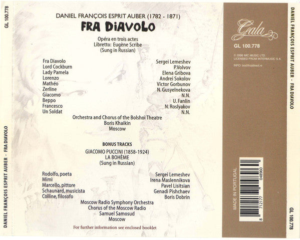 Daniel-Francois-Esprit Auber, Сергей Лемешев, Boris Khaikin : Fra Diavolo (2xCD)