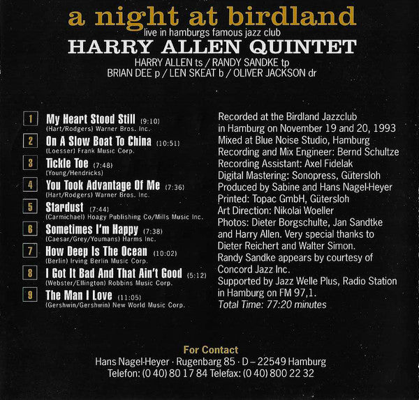 Harry Allen Quintet : A Night At Birdland Volume 1 (CD, Album, RP)