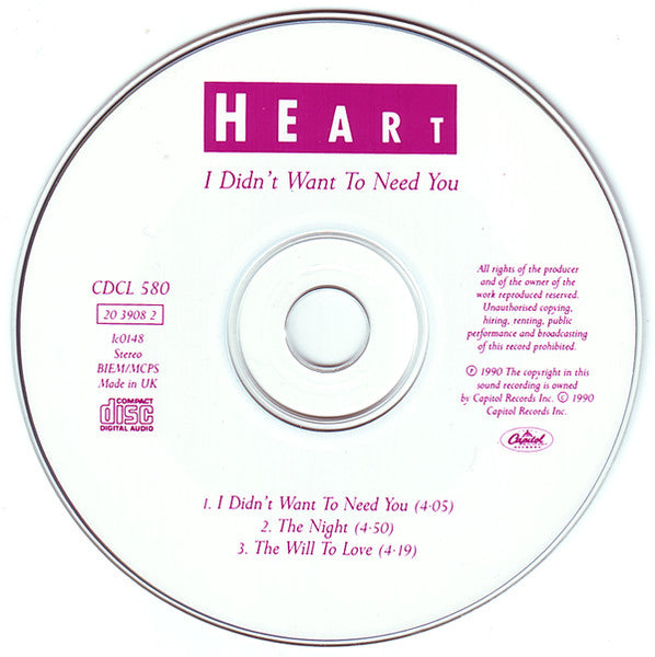 Heart : I Didn't Want To Need You (CD, Single)