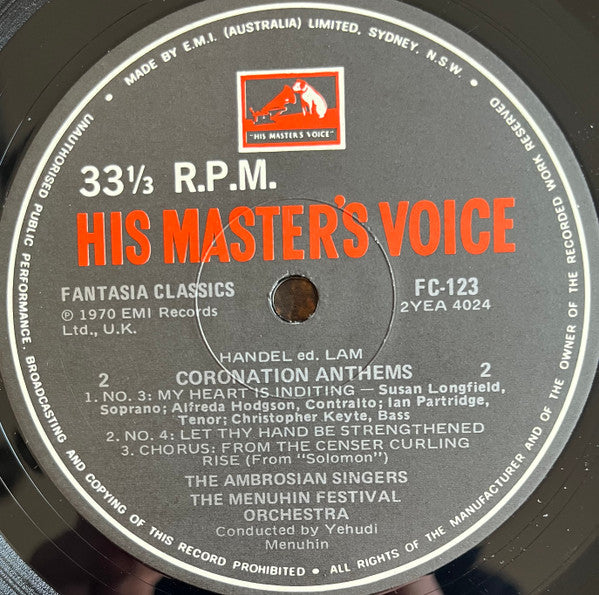 Georg Friedrich Händel, The Ambrosian Singers, Menuhin Festival Orchestra, Yehudi Menuhin : Handel Coronation Anthems (LP)