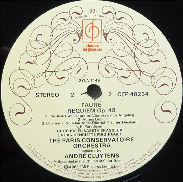 Gabriel Fauré - Paris Conservatoire Orchestra*, Victoria de los Angeles, Dietrich Fischer-Dieskau, André Cluytens : Requiem, Op 48 (LP, RE)