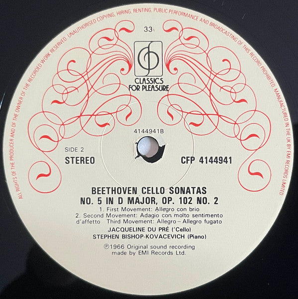 Ludwig Van Beethoven - Jacqueline Du Pré, Stephen Bishop-Kovacevich : Cello Sonatas No 3 In A Major, Op 69 And No 5 In D Major, Op 102 No 2 (LP, RE, RM)