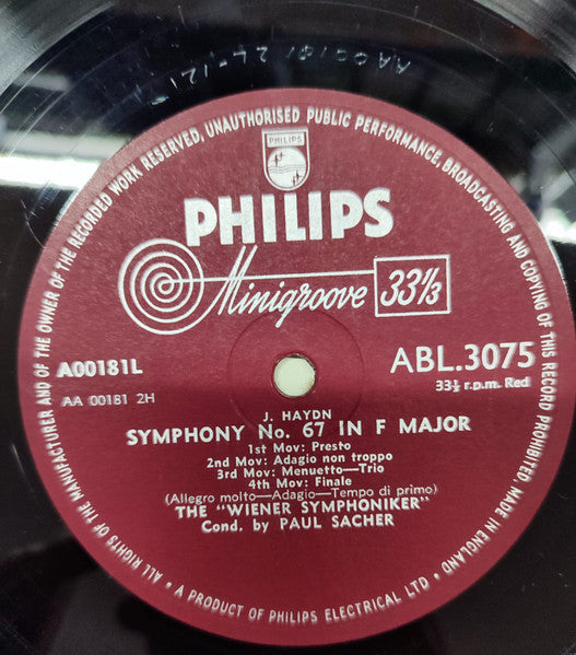 Joseph Haydn - Wiener Symphoniker, Paul Sacher : Symphony No. 53 In D Major ("Imperial") / Symphony No. 67 In F Major (LP, Mono)