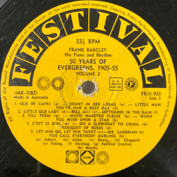 Frank Barcley His Piano And Rhythm : 50 Years Of Evergreens 1905 - 1955 - Volume Two (10", Comp)