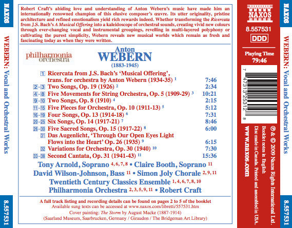 Anton Webern, Tony Arnold (2), Claire Booth, David Wilson-Johnson, Simon Joly Chorale, Twentieth Century Classics Ensemble, Philharmonia Orchestra, Robert Craft : Vocal And Orchestral Works (Ricercata • Five Pieces • Five Sacred Songs • Variations) (CD, Album)