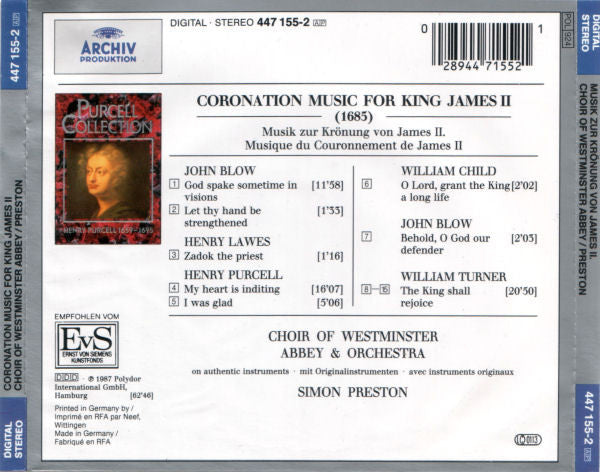 Henry Purcell · John Blow · William Turner · William Child · Henry Lawes - The Choir Of Westminster Abbey, Simon Preston : Coronation Music For King James II (CD, Album, RE)