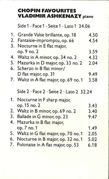 Frédéric Chopin - Vladimir Ashkenazy : Chopin Favourites (Cass, Comp, Chr)