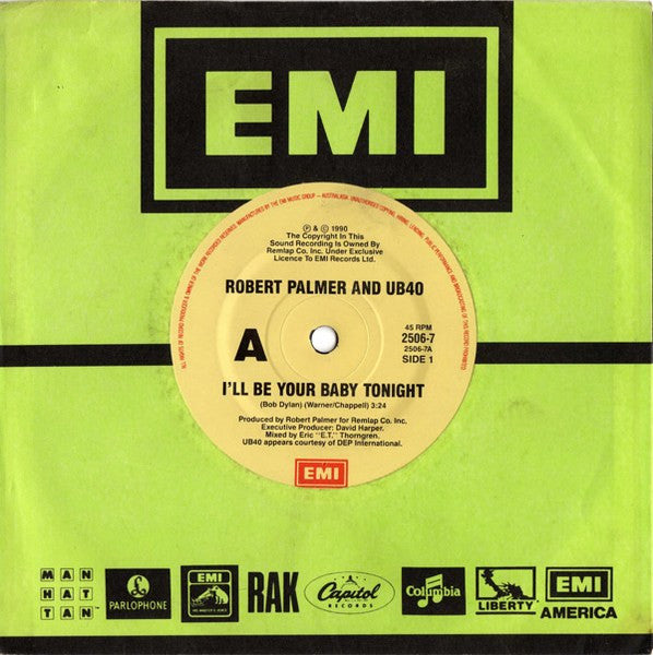 Robert Palmer And UB40 : I'll Be Your Baby Tonight (7", Single)