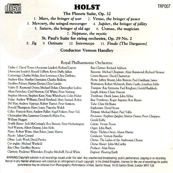 Holst* - Royal Philharmonic Orchestra Conducted By Vernon Handley, Ladies Of The Ambrosian Chorus* , Chorus Master: John McCarthy : The Planets Suite / St. Paul's Suite (CD)