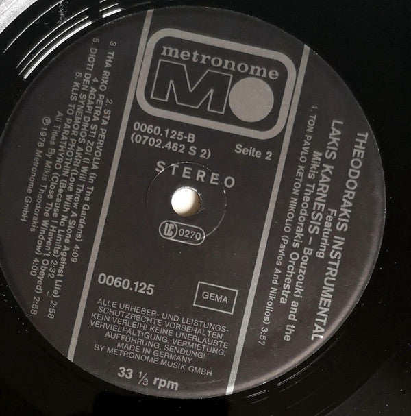 Mikis Theodorakis Feauturing Lakis Karnezis -Bouzouki & The Mikis Theodorakis And His Orchestra : Instrumental (LP, Comp)