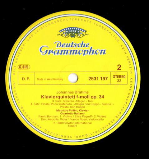 Johannes Brahms - Maurizio Pollini · Quartetto Italiano : Klavierquintett Op. 34 · Piano Quintet (LP)