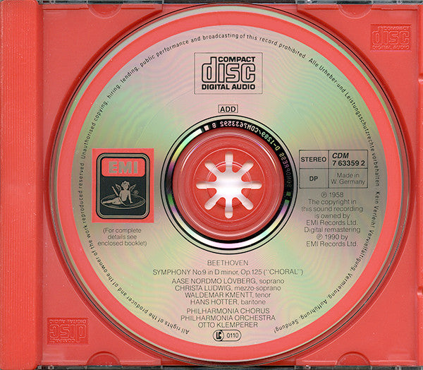 Ludwig van Beethoven, Aase Nordmo Løvberg, Christa Ludwig, Waldemar Kmentt, Hans Hotter, Philharmonia Chorus, Philharmonia Orchestra, Otto Klemperer : Symphonie No. 9 (CD, RE, RM)