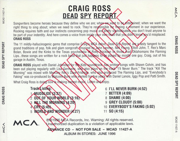 Craig Ross (5) : Dead Spy Report (CD, Advance, Album, Promo)