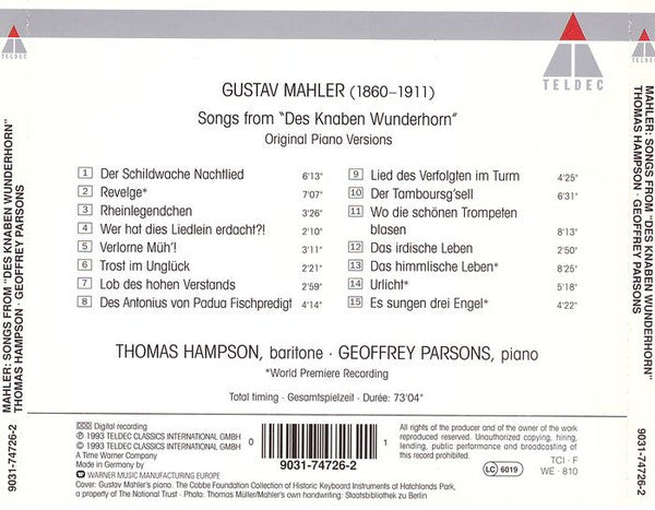 Thomas Hampson . Geoffrey Parsons (2), Gustav Mahler : Des Knaben Wunderhorn (Original Piano Versions) (CD, Album)