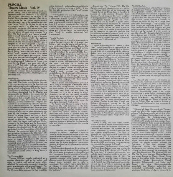 Purcell* - The Academy Of Ancient Music : Theatre Music Vol IV (The Virtuous Wife • The Old Bachelor • Amphitryon) (LP)