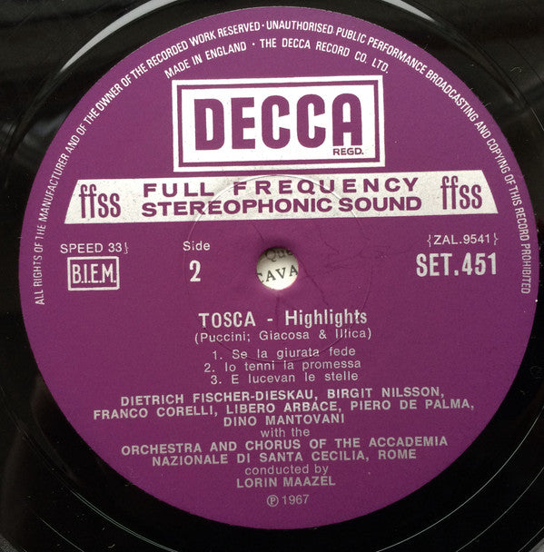 Giacomo Puccini, Birgit Nilsson, Franco Corelli, Dietrich Fischer-Dieskau, Orchestra Dell'Accademia Nazionale di Santa Cecilia & Coro dell'Accademia Nazionale di Santa Cecilia, Lorin Maazel : Tosca - Highlights (LP)