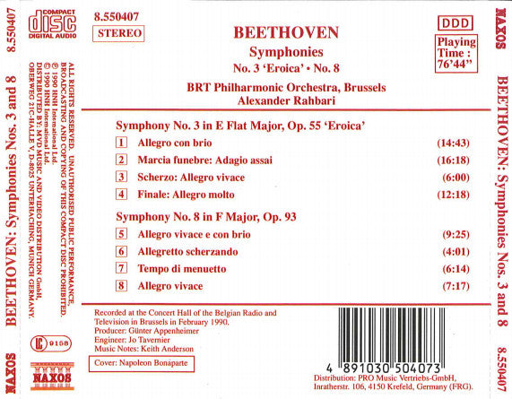 Ludwig Van Beethoven, Belgian Radio And Television Philharmonic Orchestra, Alexander Rahbari : Symphonies No. 3 'Eroica' And No. 8 (CD)