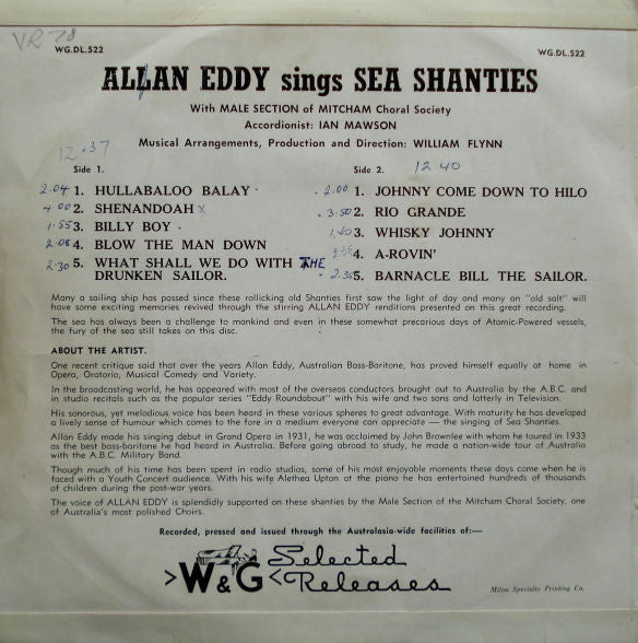 Allan Eddy With Male Section Of Mitcham Choral Society : Sings Sea Shanties (10", Album)