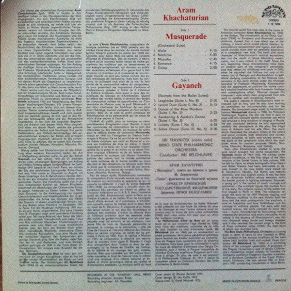 Aram Khachaturian*, Jiří Bělohlávek, Brno State Philharmonic Orchestra : Masquerade; Gayaneh (Suites) (LP)