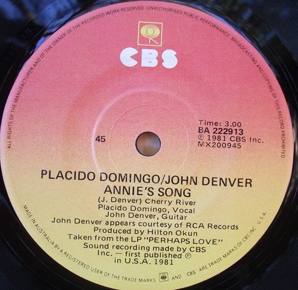 Placido Domingo And John Denver : Perhaps Love (7", Single)
