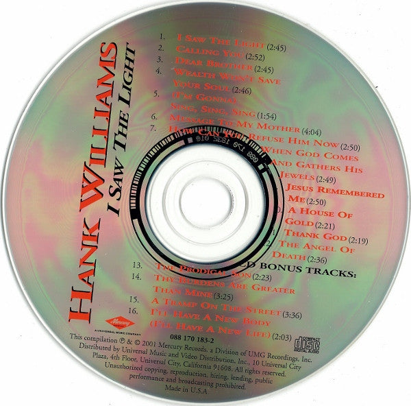 Hank Williams : I Saw The Light (CD, Album, Comp, RE, RM)