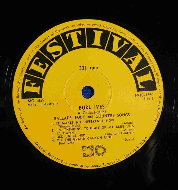 Burl Ives : A Collection Of Ballads, Folk And Country Songs (10", Mono)