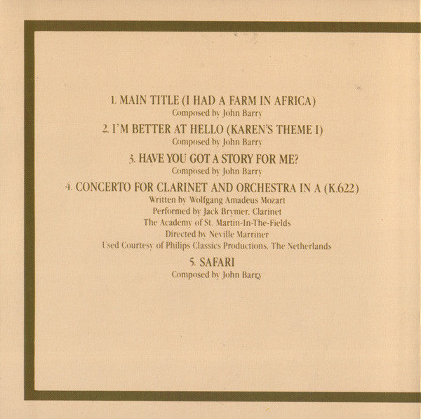 John Barry : Out Of Africa (Music From The Motion Picture Soundtrack) (CD, Album, RE)