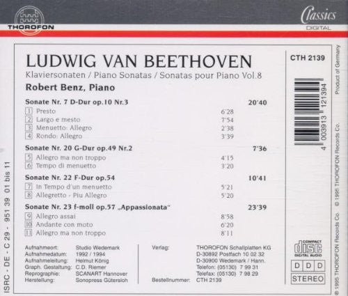 Ludwig van Beethoven - Robert Benz : Klaviersonaten - Vol. 8: Nr. 7 D-Dur Op. 10,3 / Nr. 20 G-Dur Op. 49,2 / Nr. 22 F-Dur Op. 54 / Nr. 23 F-moll Op. 57 Appassionata (CD, Album)