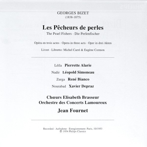 Georges Bizet - Pierrette Alarie, Leopold Simoneau, René Bianco, Xavier Depraz, Orchestre Des Concerts Lamoureux, Jean Fournet : The Pearl Fishers (2xCD, RE)