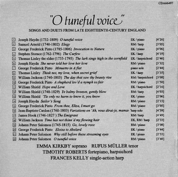 Emma Kirkby . Rufus Müller . Timothy Roberts . Frances Kelly : "O Tuneful Voice" - Songs And Duets From Late Eighteenth-Century England (CD, Album)