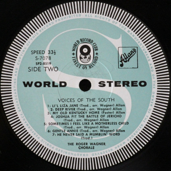 The Roger Wagner Chorale : Voices Of The South (LP, Album, Club, RE)