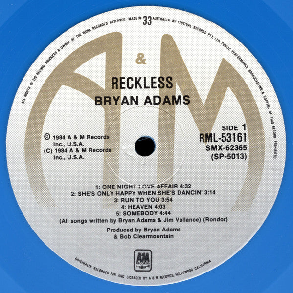 Bryan Adams : Reckless (LP, Album, Ltd, Blu)