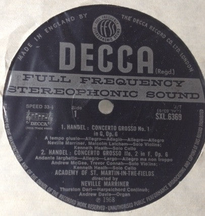 Handel* – Academy Of Saint Martin-in-the-Fields*, Neville Marriner* : Twelve Grand Concertos Opus Six · Volume I (Nos. 1-4) (LP)