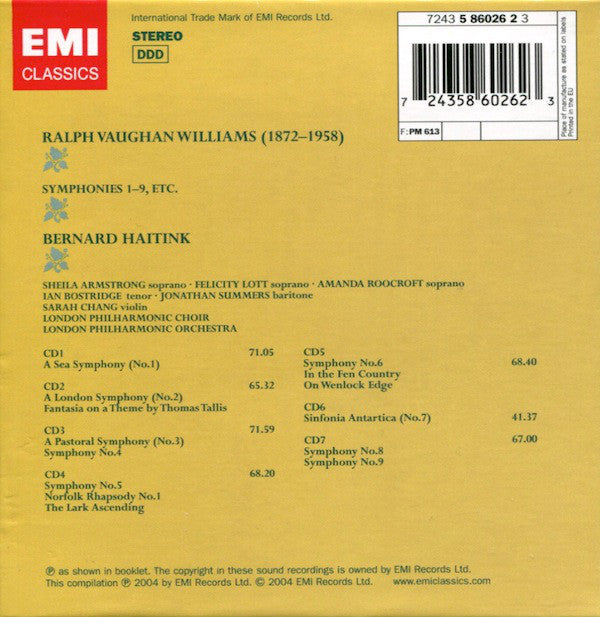 Ralph Vaughan Williams, Sarah Chang, Ian Bostridge, London Philharmonic Orchestra, Bernard Haitink : Symphonies 1-9 • Fantasia On A Theme By Thomas Tallis • Norfolk Rhapsody No.1 • The Lark Ascending • In The Fen Country • On Wenlock Edge (7xCD + Box, Comp)