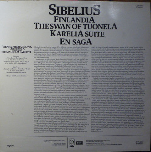 Jean Sibelius - Wiener Philharmoniker Conducted By Sir Malcolm Sargent : Finlandia / The Swan Of Tuonela / Karelia Suite / En Saga (LP, RE)