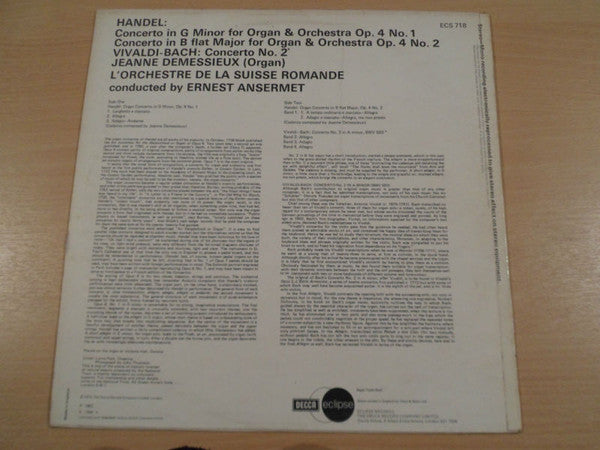 Jeanne Demessieux, L'Orchestre De La Suisse Romande, Ernest Ansermet - Georg Friedrich Händel / Johann Sebastian Bach - Antonio Vivaldi : Organ Concertos Nos. 1 & 2 / Concerto No. 2 (LP, Promo, RE)