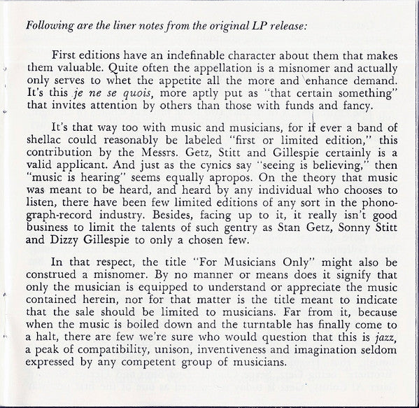 Dizzy Gillespie • Stan Getz • Sonny Stitt : For Musicians Only (CD, Album, RE, RM)