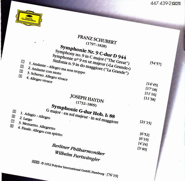 Franz Schubert / Joseph Haydn - Berliner Philharmoniker, Wilhelm Furtwängler : Symphonie No. 9 / Symphonie No. 88 (CD, Album, Mono, RE, RM, Uni)