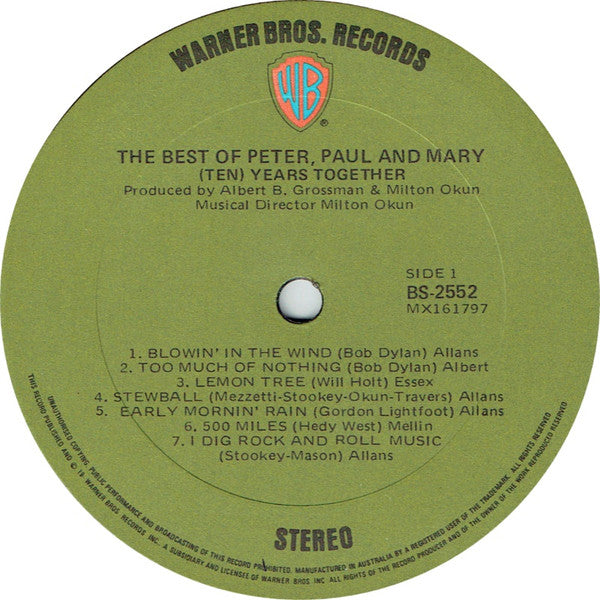 Peter, Paul & Mary : The Best Of Peter, Paul And Mary (Ten) Years Together (LP, Comp)