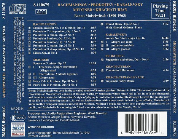Rachmaninov* / Medtner* / Kabalevsky* / Khatchaturian*, Benno Moiseiwitsch : Preludes / Piano Sonata In G Minor / Sonata No. 3 / Toccata (CD, Comp)
