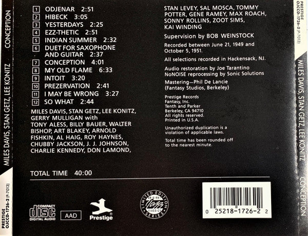 Miles Davis, Stan Getz, Lee Konitz : Conception (CD, Comp, RE)