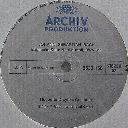 Johann Sebastian Bach, Huguette Dreyfus : Englische Suiten - English Suites - Suites Anglaises Nos. 5-6 BWV 810-811 (LP, Gat)