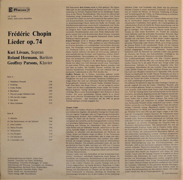 Frédéric Chopin, Kari Lövaas, Roland Hermann, Geoffrey Parsons (2) : Lieder Op.74 (LP)