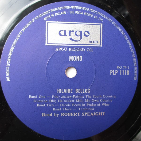 Hilaire Belloc Read By Robert Speaight : Poems (LP, Mono)