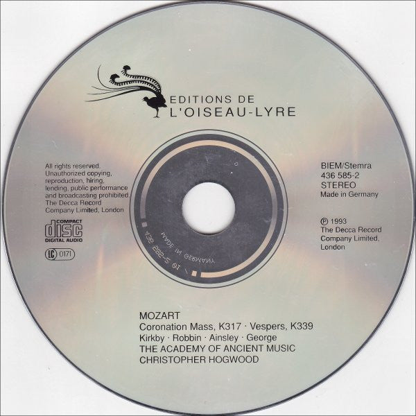 Mozart* - The Academy Of Ancient Music • Christopher Hogwood • Kirkby* • Robbin* • Ainsley* • George* • Winchester Cathedral Choir : Krönungsmesse = Coronation Mass, K 317 • Vesperae Solennes De Confessore, K 339 (CD, Album)
