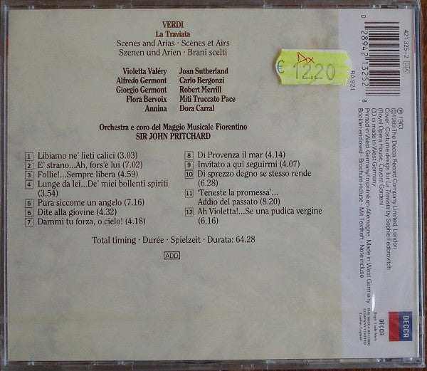 Giuseppe Verdi, Joan Sutherland • Carlo Bergonzi • Robert Merrill • John Pritchard : La Traviata - Scenes And Arias (CD, Album, RM, RP)