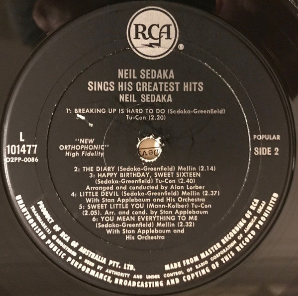 Neil Sedaka : Neil Sedaka Sings His Greatest Hits (LP, Comp, Mono)
