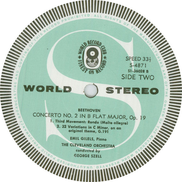 Beethoven* / Emil Gilels / The Cleveland Orchestra / George Szell : Concerto No. 2 In B Flat Major, Op. 19 (LP, Album, Club)